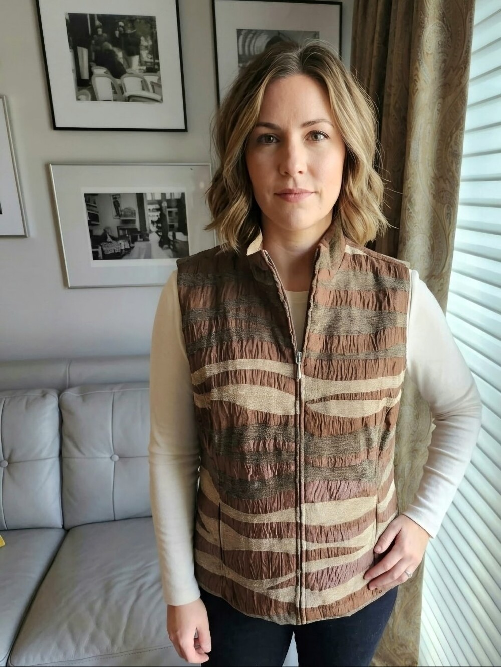 Erin London Ex Cond/Pro Clean Timeless Earth-Tone Texture Zip Front Vest, L, $25